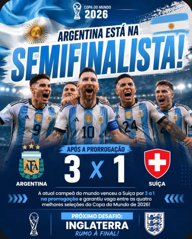 Argentina vence a Suíça na prorrogação e reencontra a Inglaterra na semifinal da Copa do Mundo